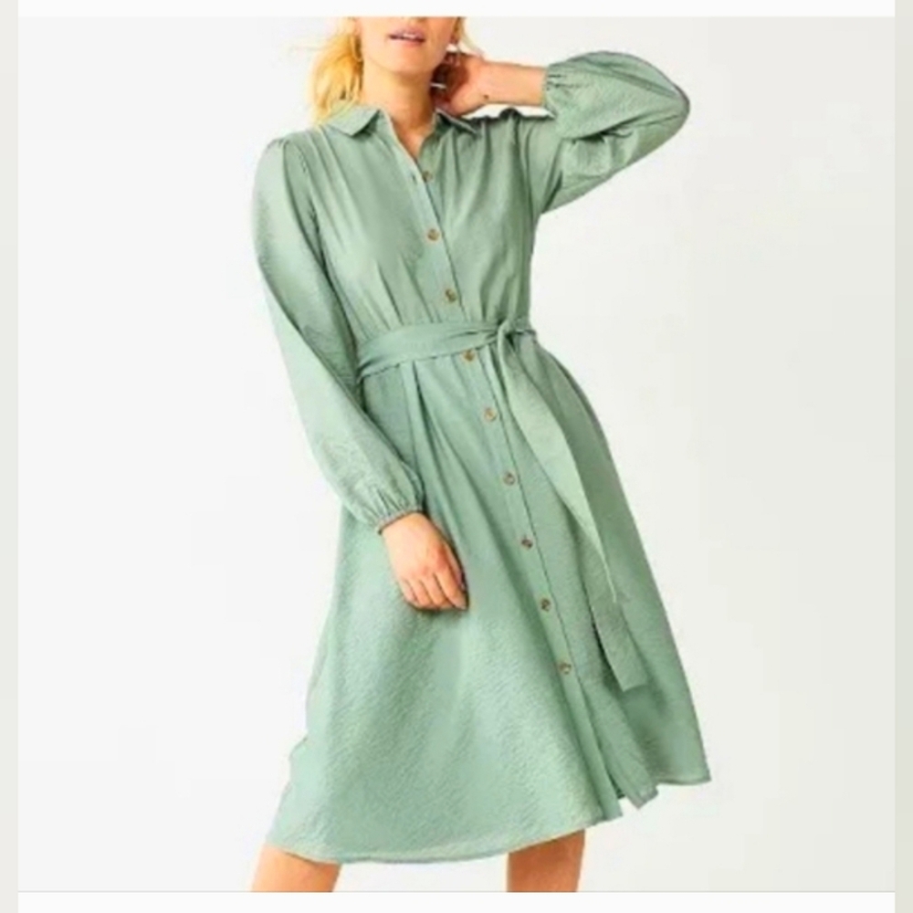 Nine West Sage Green Long Sleeve Button-Front Midi Dress